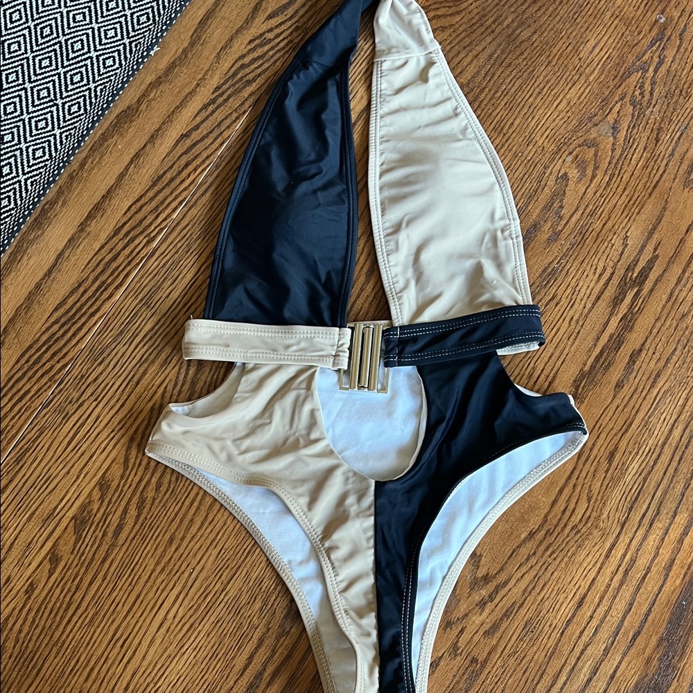 Stylish Black and Tan Cutout Swimsuit